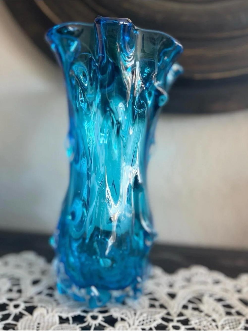 Vintage Hand-Blown Art Glass Vase – Ocean Blue Swirl vase